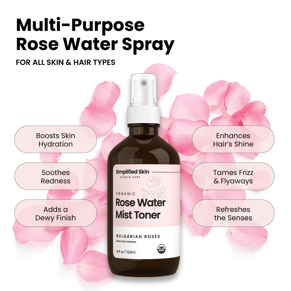 Simplified Skin rose water texture droplets on hand highlighting lightweight hydration