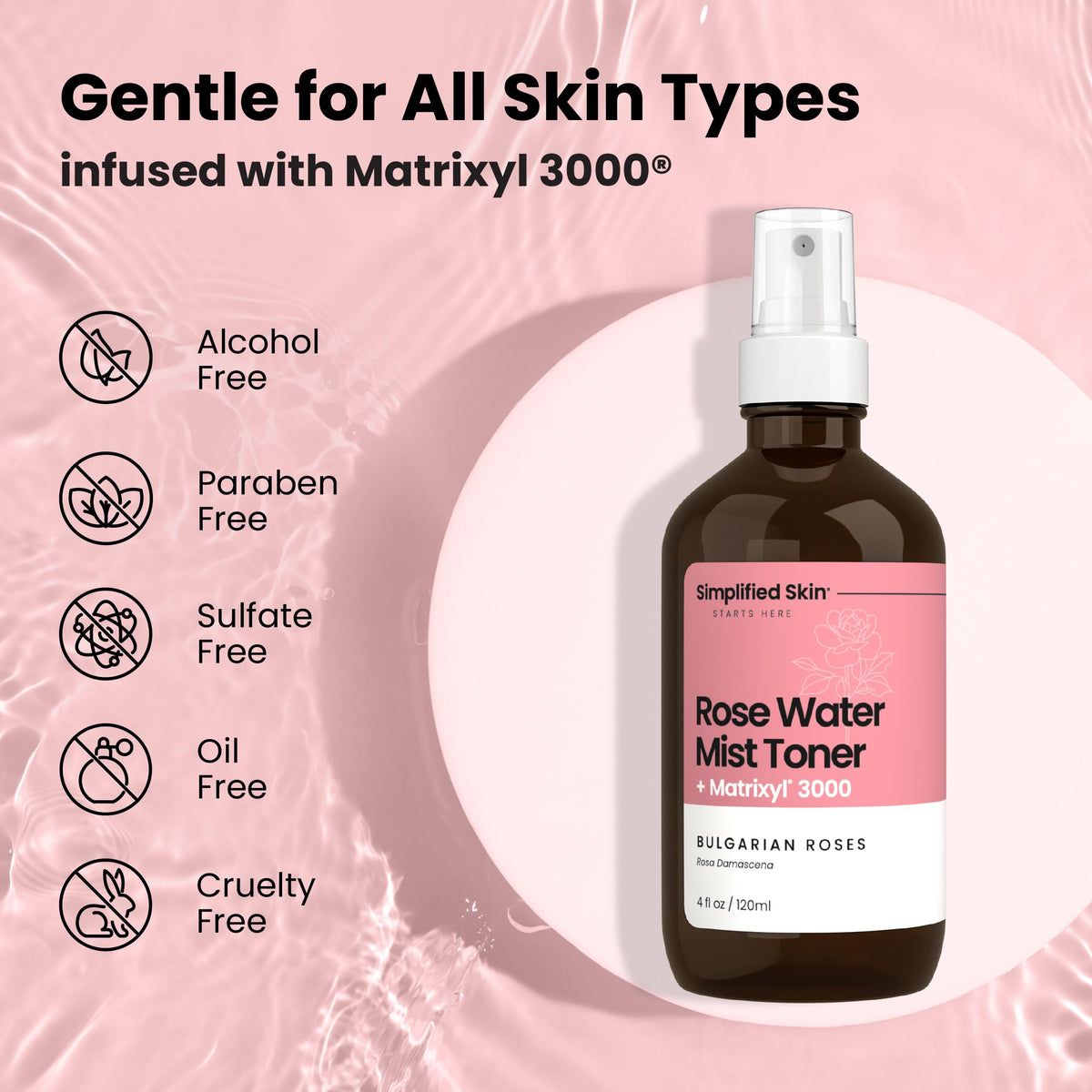 Simplified Skin mist sprayed on model delivering instant dewy glow