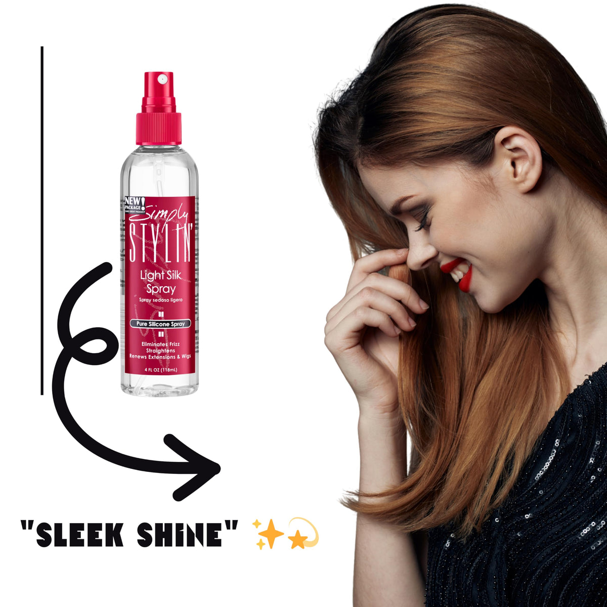 Simply Stylin' texture close-up showing silky sheen and smooth finish for glossy hair