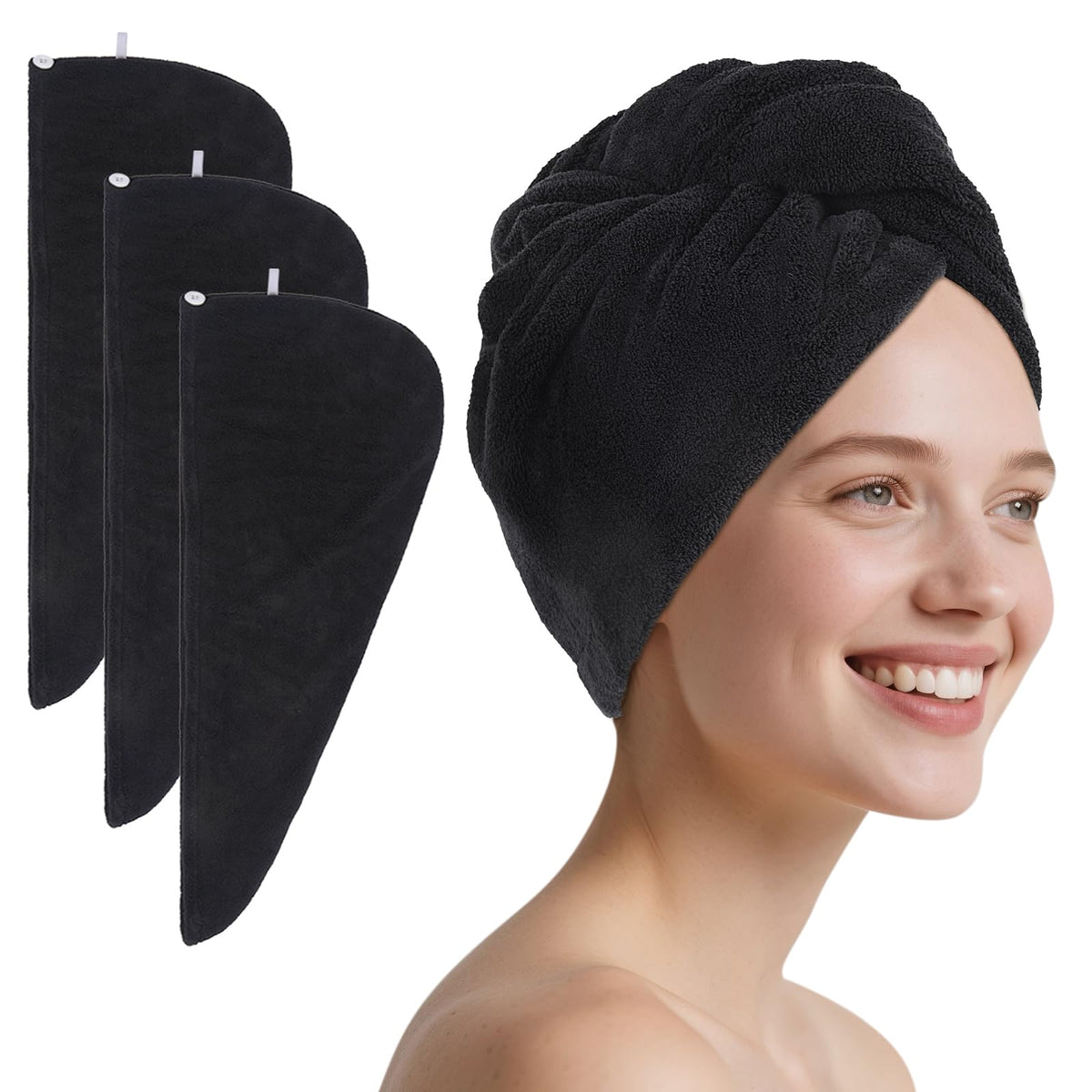 SINLAND front view of three black hair drying caps showing pack convenience and fast drying