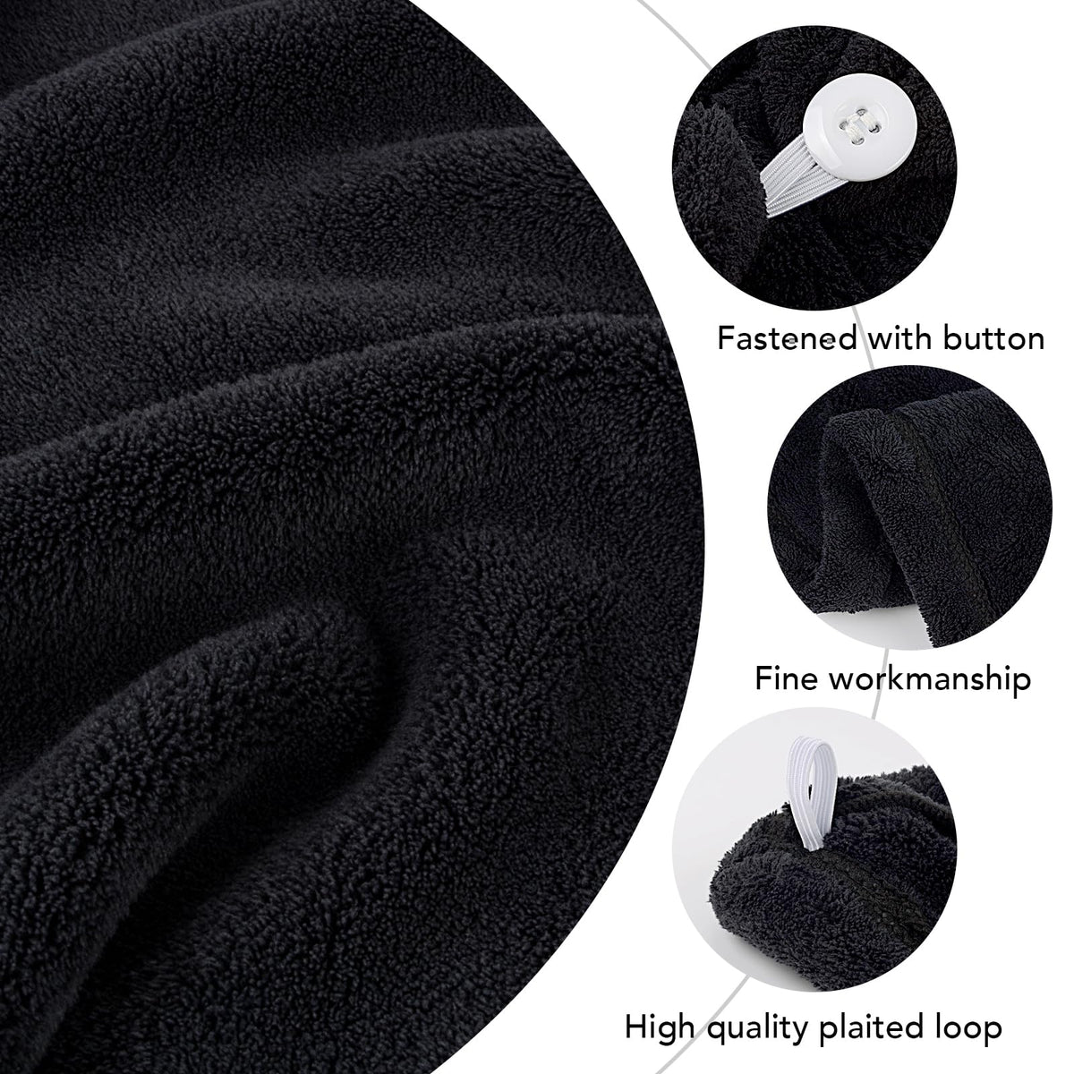 SINLAND hair towel worn on model in bathroom demonstrating secure hands-free drying
