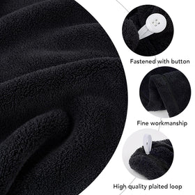 SINLAND hair towel worn on model in bathroom demonstrating secure hands-free drying