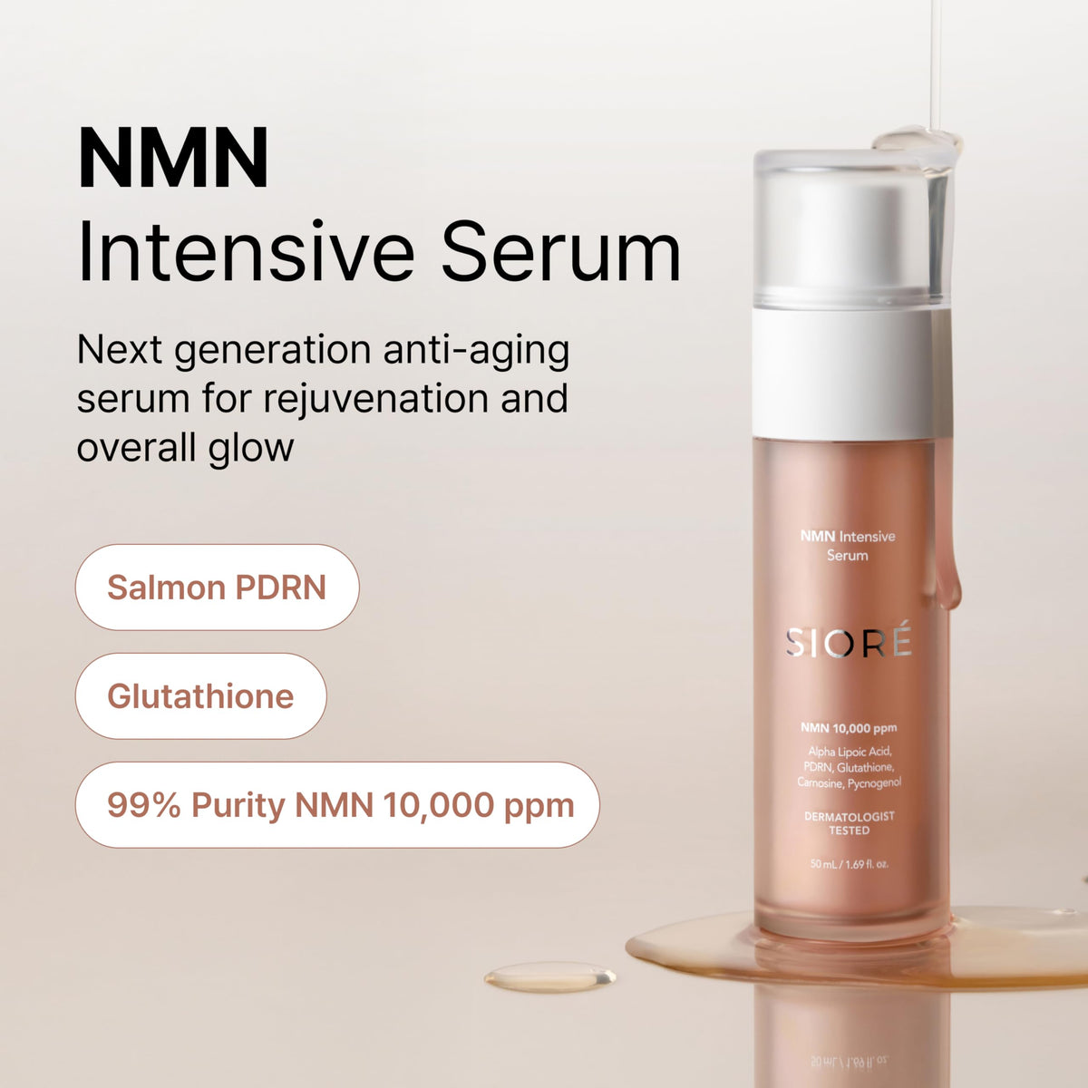 SIORÉ dropper dispensing serum, precise dosing for targeted application and minimal waste