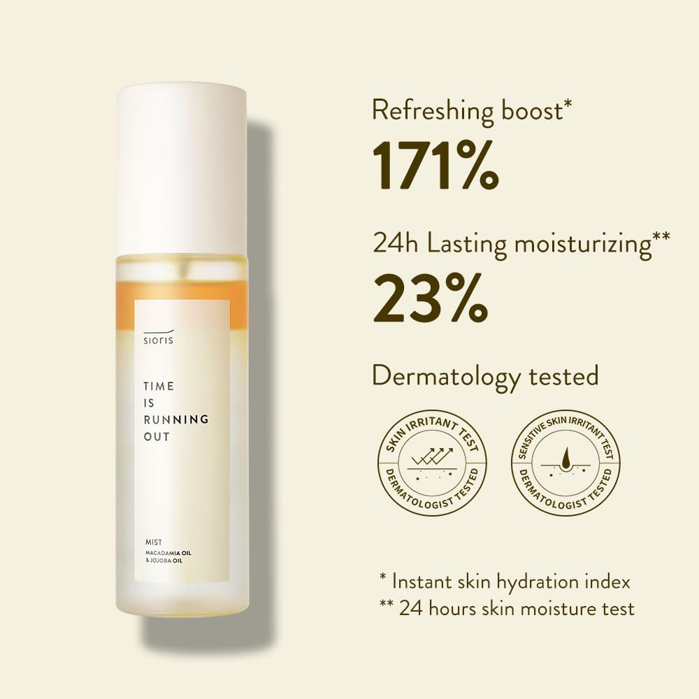SIORIS mist spraying mid-air demonstrating fine even coverage for refreshing skin