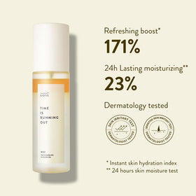 SIORIS mist spraying mid-air demonstrating fine even coverage for refreshing skin