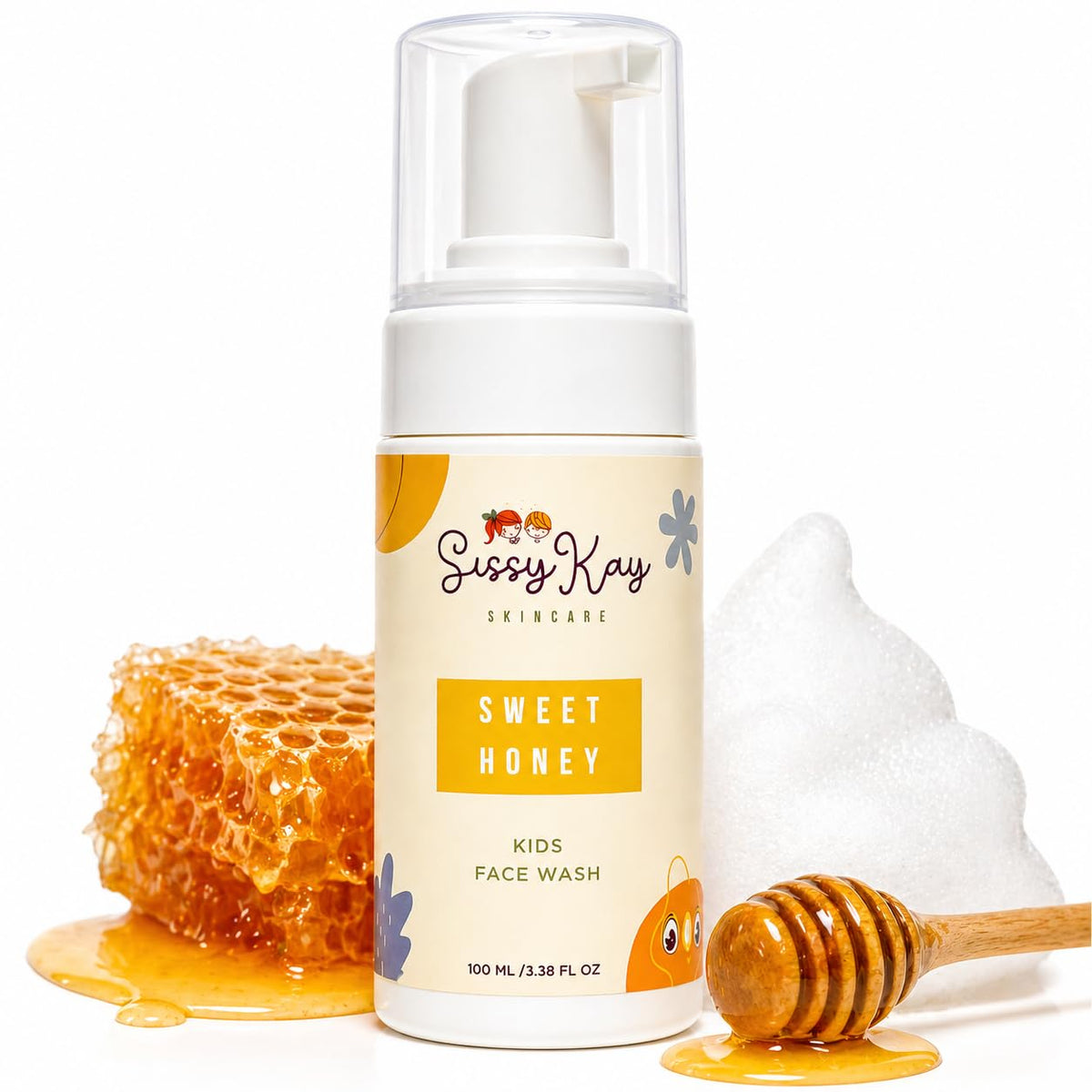 Sissy Kay front packaging showing honey foam and child-friendly design benefits