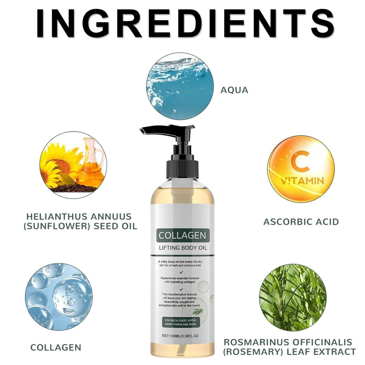 SIXCLA bottle beside common objects showing 3.38 fl oz size benefit