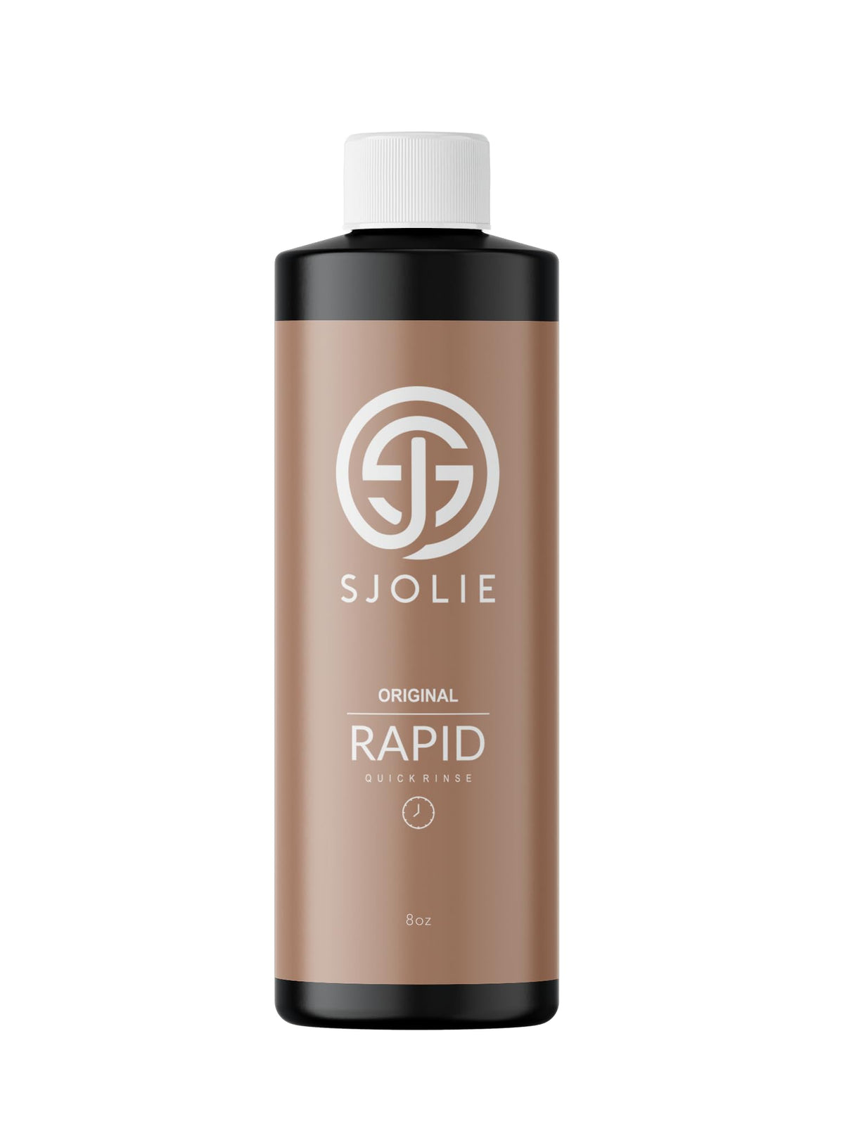 SJOLIE bottle front view showing label and compact 8oz size for quick tanning