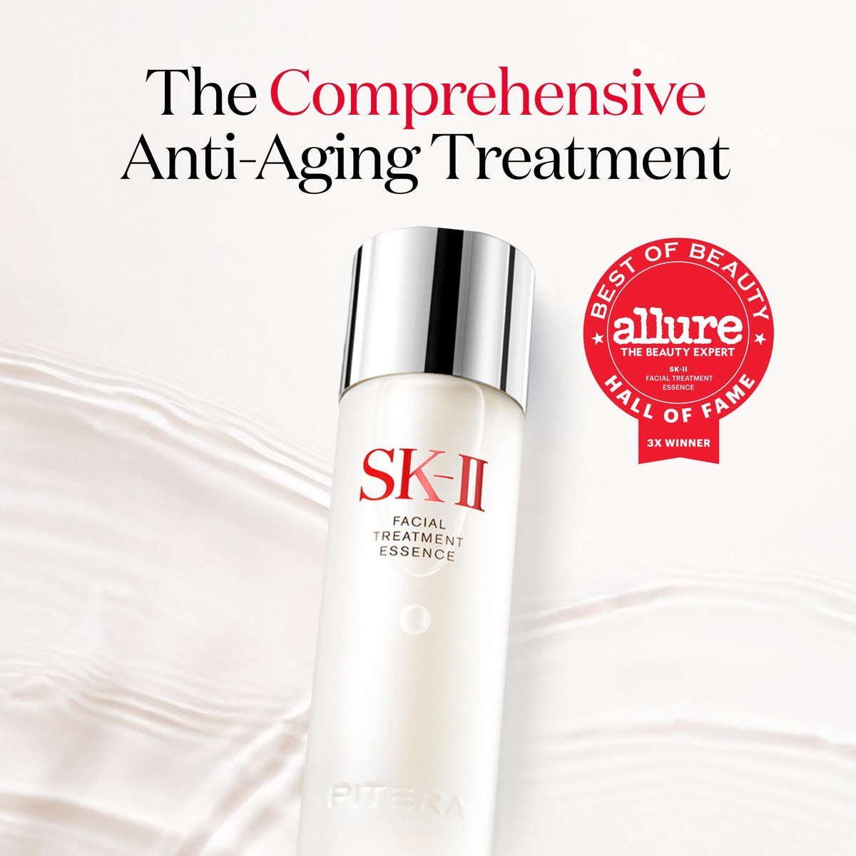 SK-II essence pouring texture onto palm demonstrating lightweight absorbency