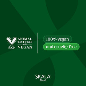 SKALA label close-up listing vegan and no-silicone claims for ingredient-conscious users