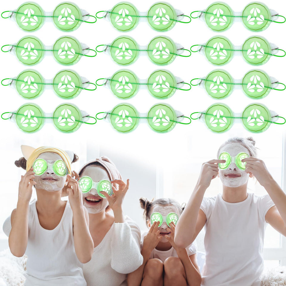 Skicuff front packaging showing 12 cucumber gel eye pads for group use