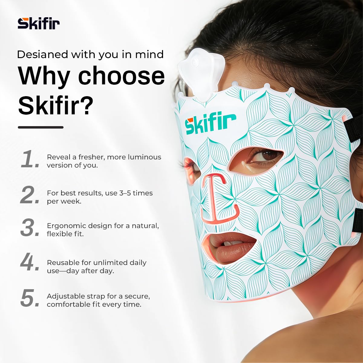 skifir mask in use on model relaxing to show hands-free home treatment