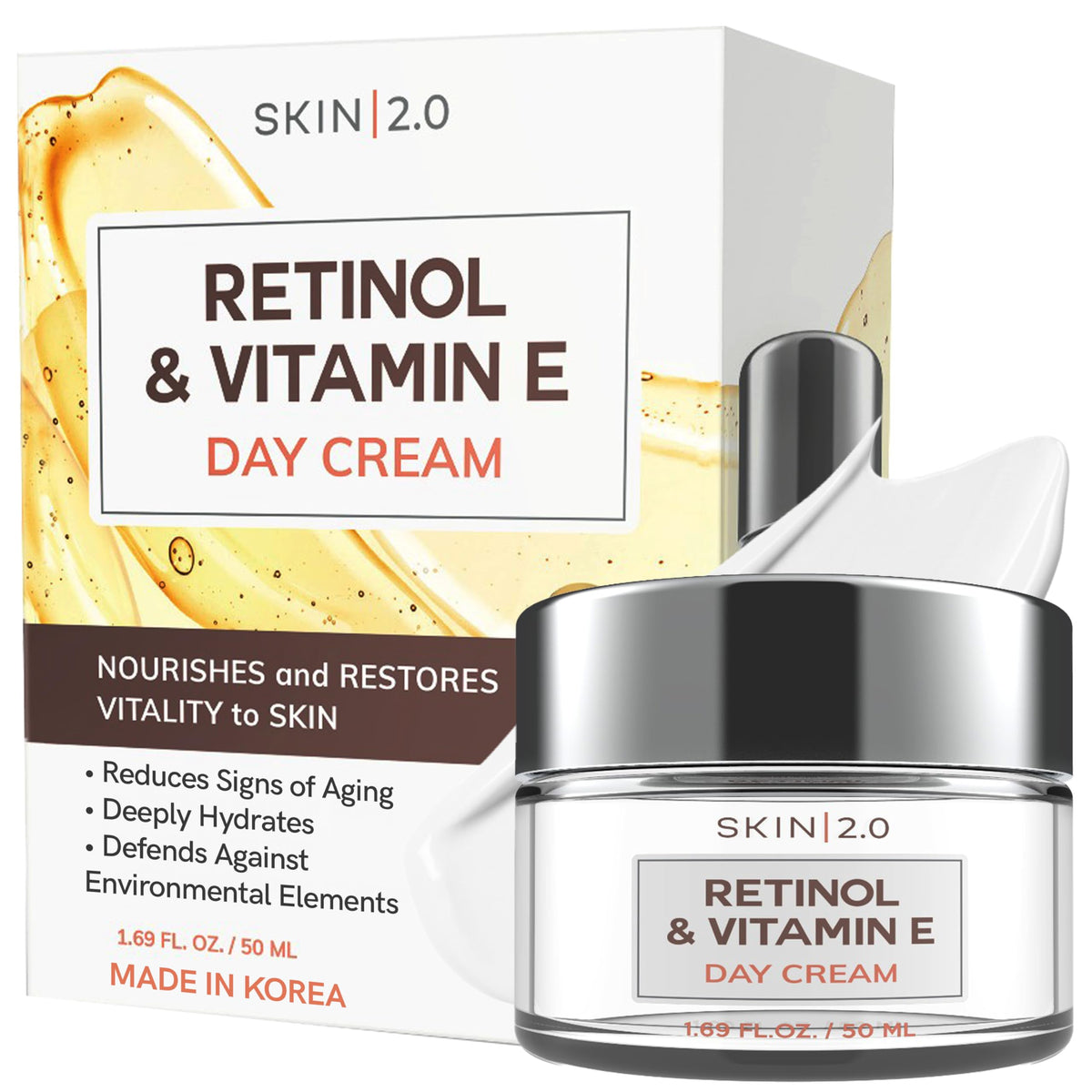 Skin 2.0 front jar shot showing clean packaging and quick product benefit