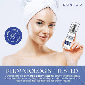 Skin 2.0 ingredient label close-up highlighting hyaluronic acid and collagen