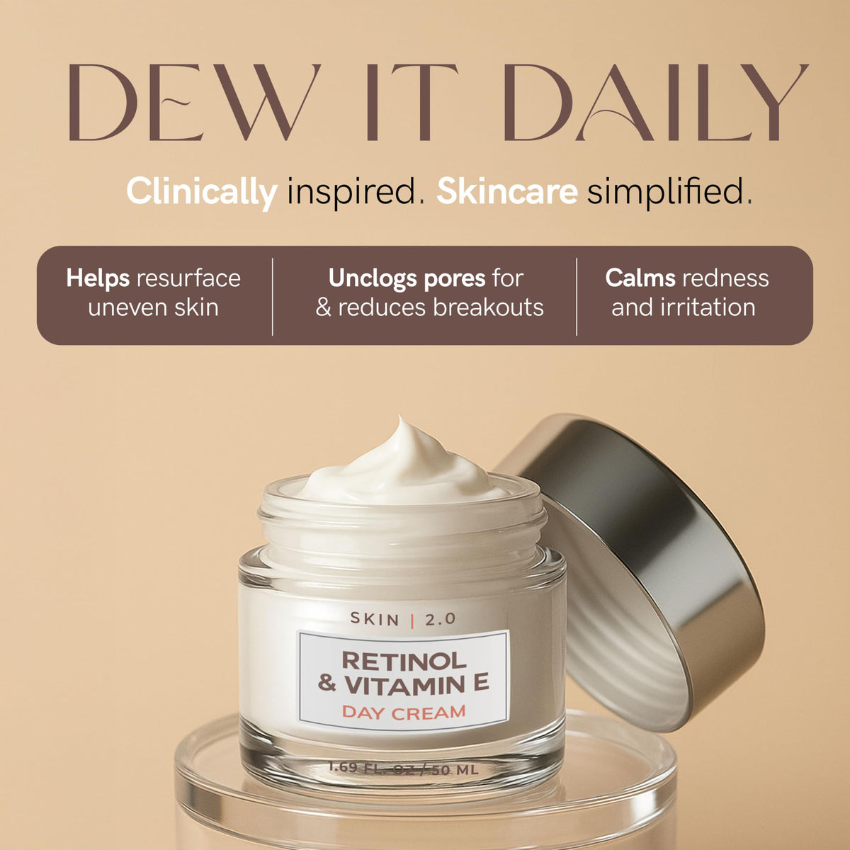 Skin 2.0 lid and label detail highlighting ingredients and dermatologist-tested claim