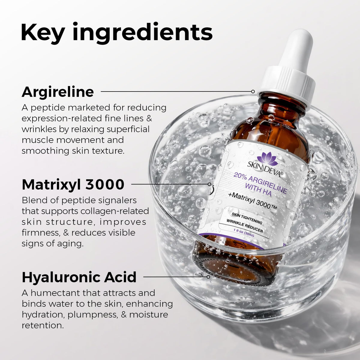 SKIN DEVA ingredient label close-up listing Argireline Matrixyl and hyaluronic benefits