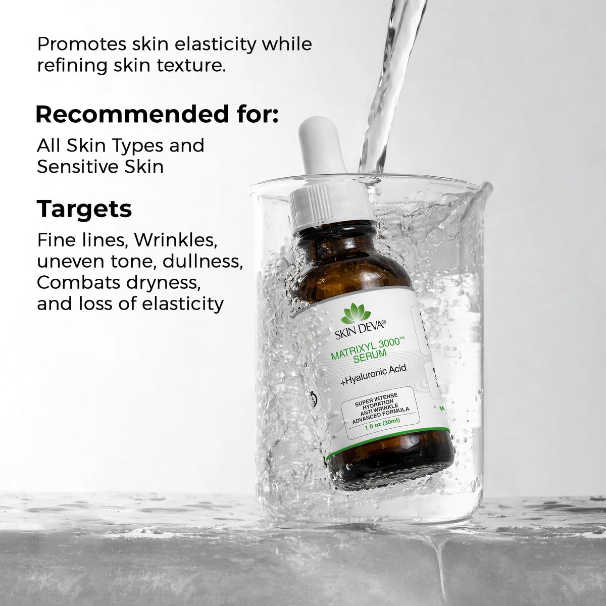 SKIN DEVA label showing ingredients, helps customers verify Matrixyl 3000 and hyaluronic acid