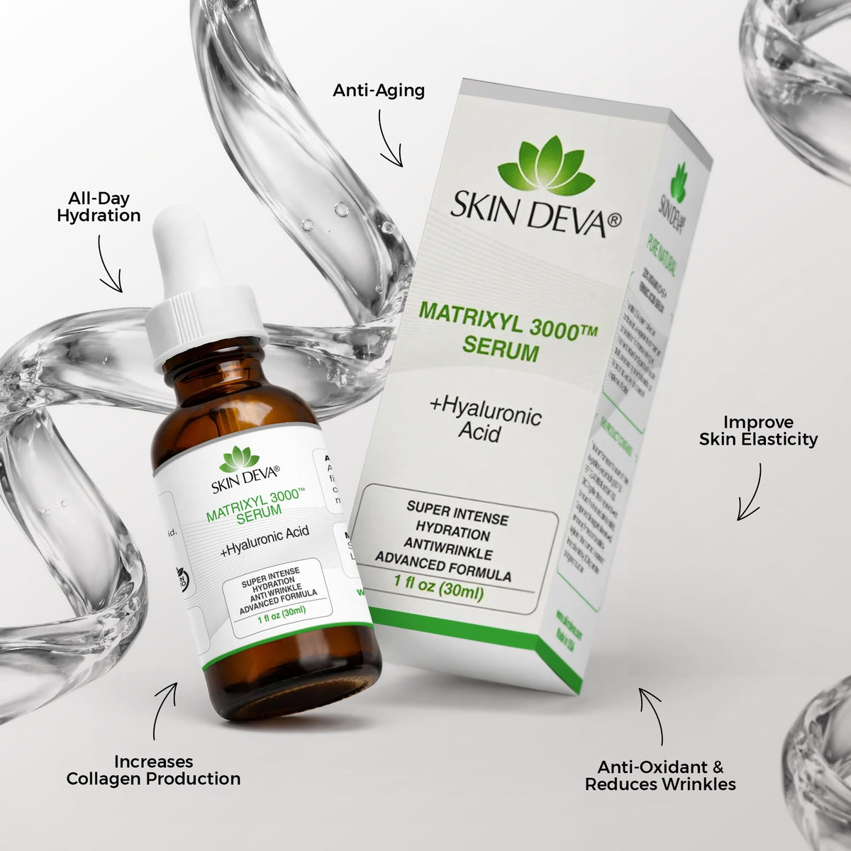 SKIN DEVA pipette dispensing clear serum, shows precise application and easy layering