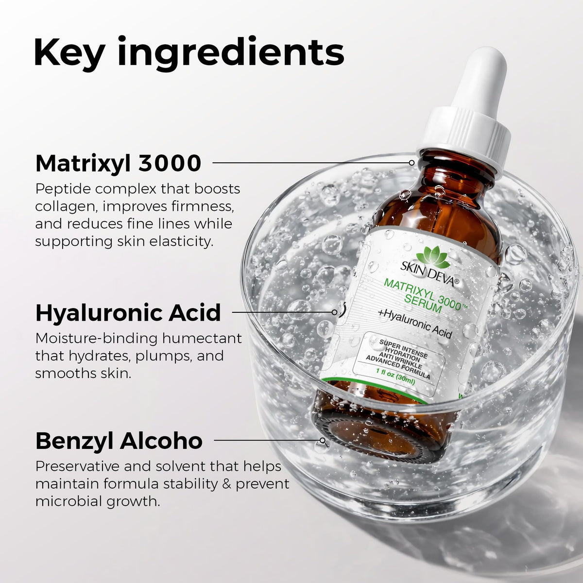 SKIN DEVA close-up of serum texture, demonstrates lightweight, fast-absorbing formula