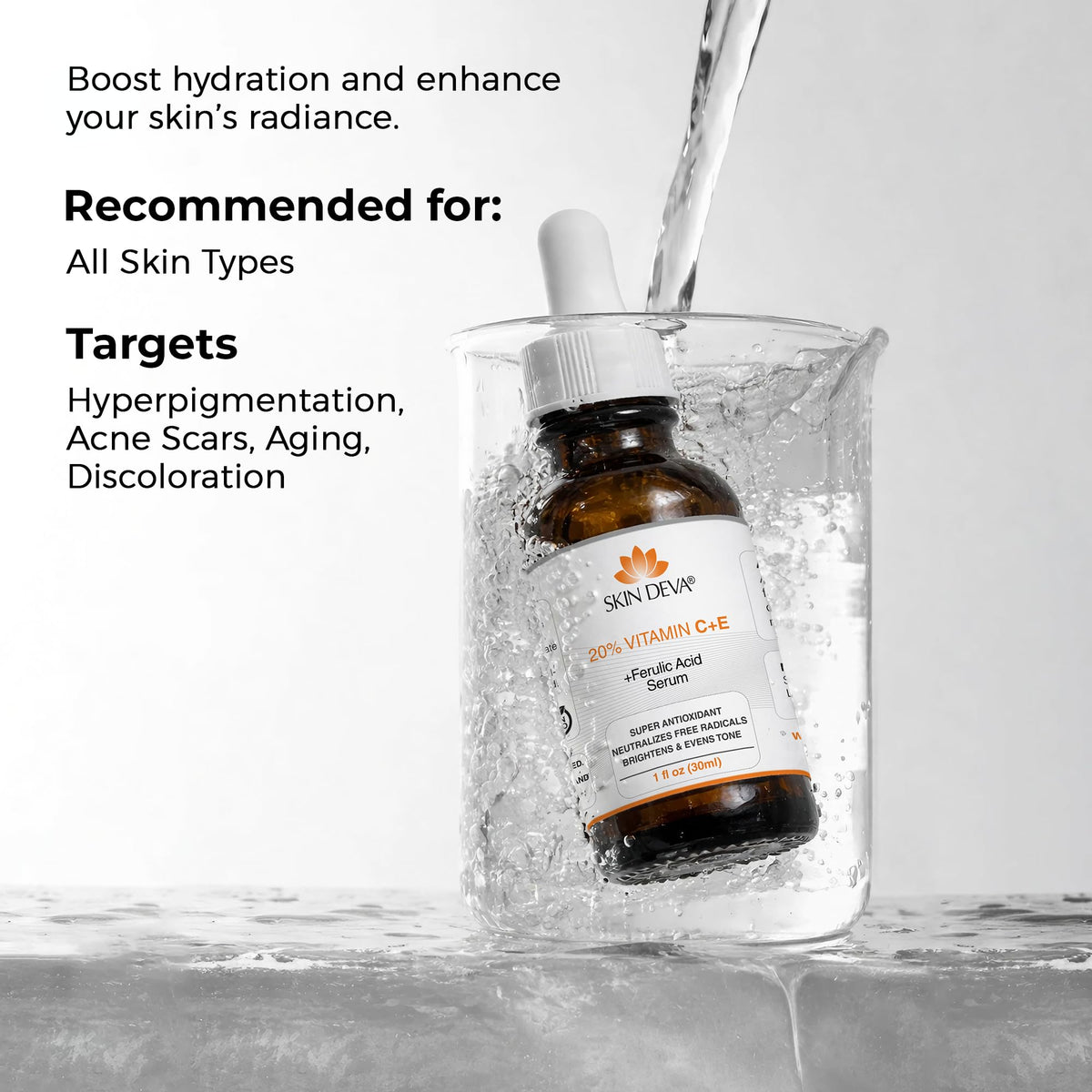 SKIN DEVA bottle with moisturizer and sunscreen showing layering compatibility benefit