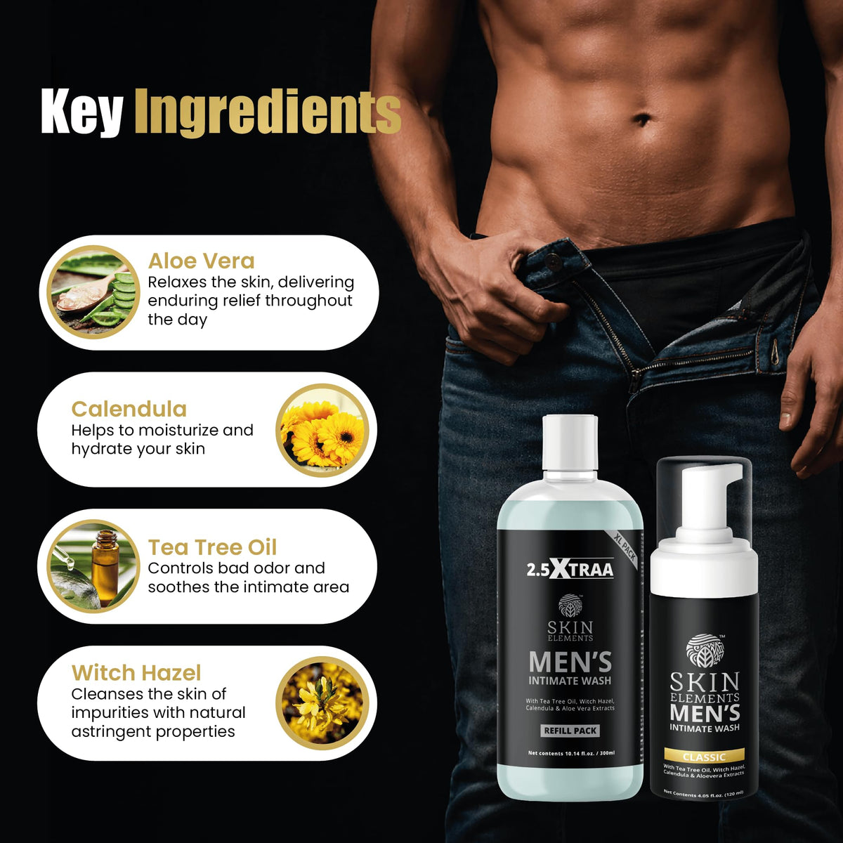Skin Elements label close-up listing tea tree, aloe vera, and calendula extracts