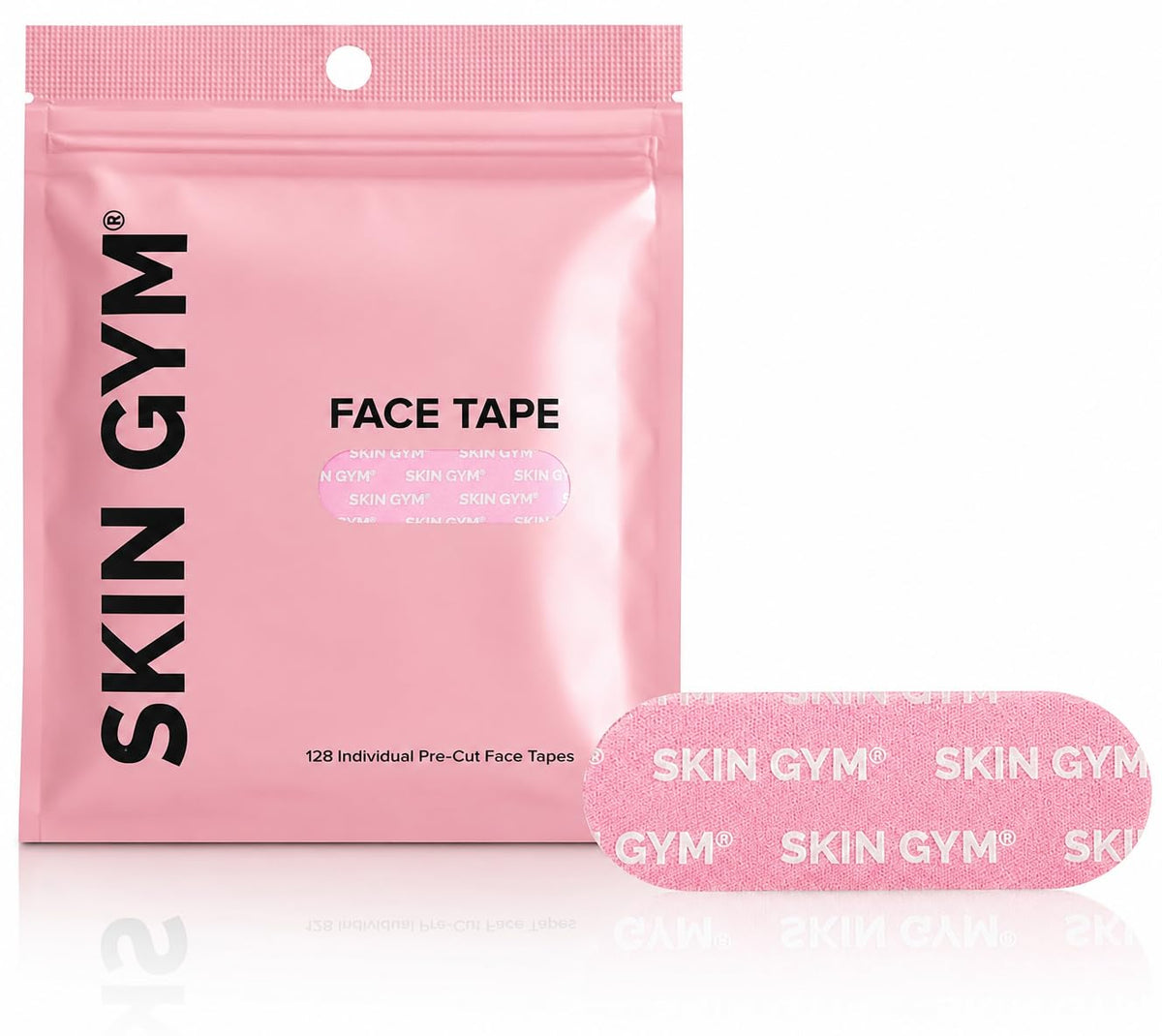SKIN GYM front packaging showing 128 strips and product benefits