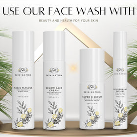 Skin Nation bottle beside fresh aloe leaf illustrating soothing hydration