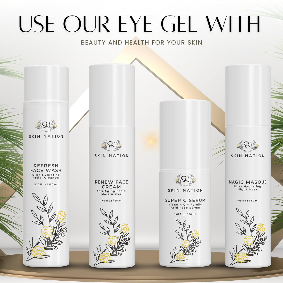 Skin Nation applying gel under eye to reduce puffiness and refresh
