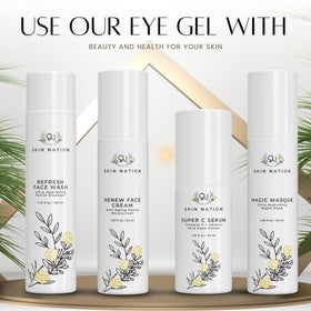 Skin Nation applying gel under eye to reduce puffiness and refresh