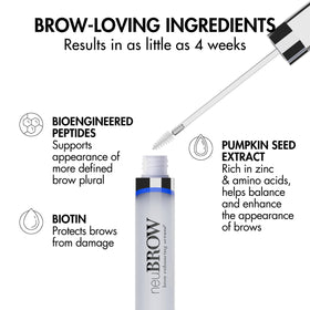 Skin Research Laboratories neuBROW clear serum drop highlighting lightweight, non-greasy texture