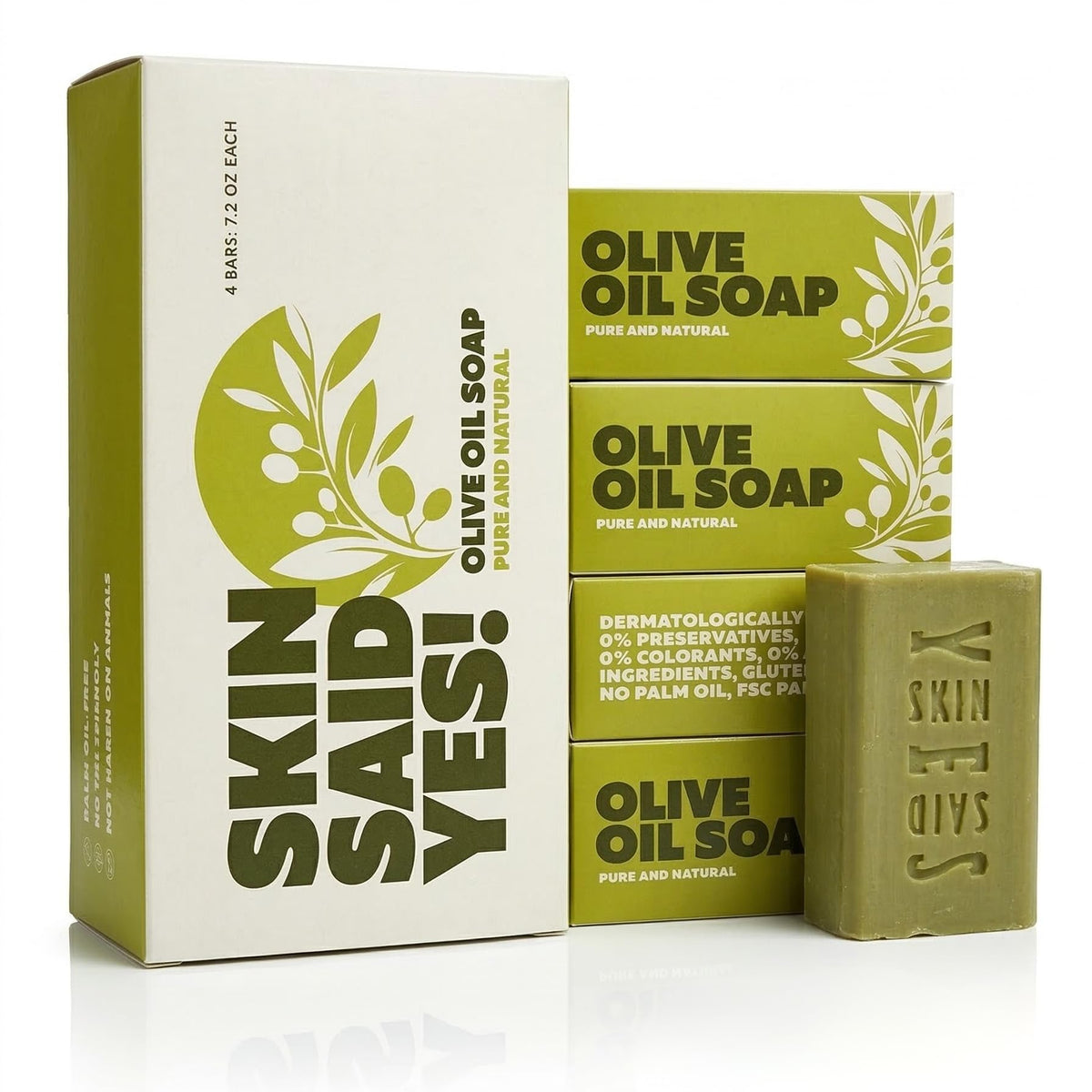 Skin Said Yes front packaging showing four large olive oil soap bars and natural look