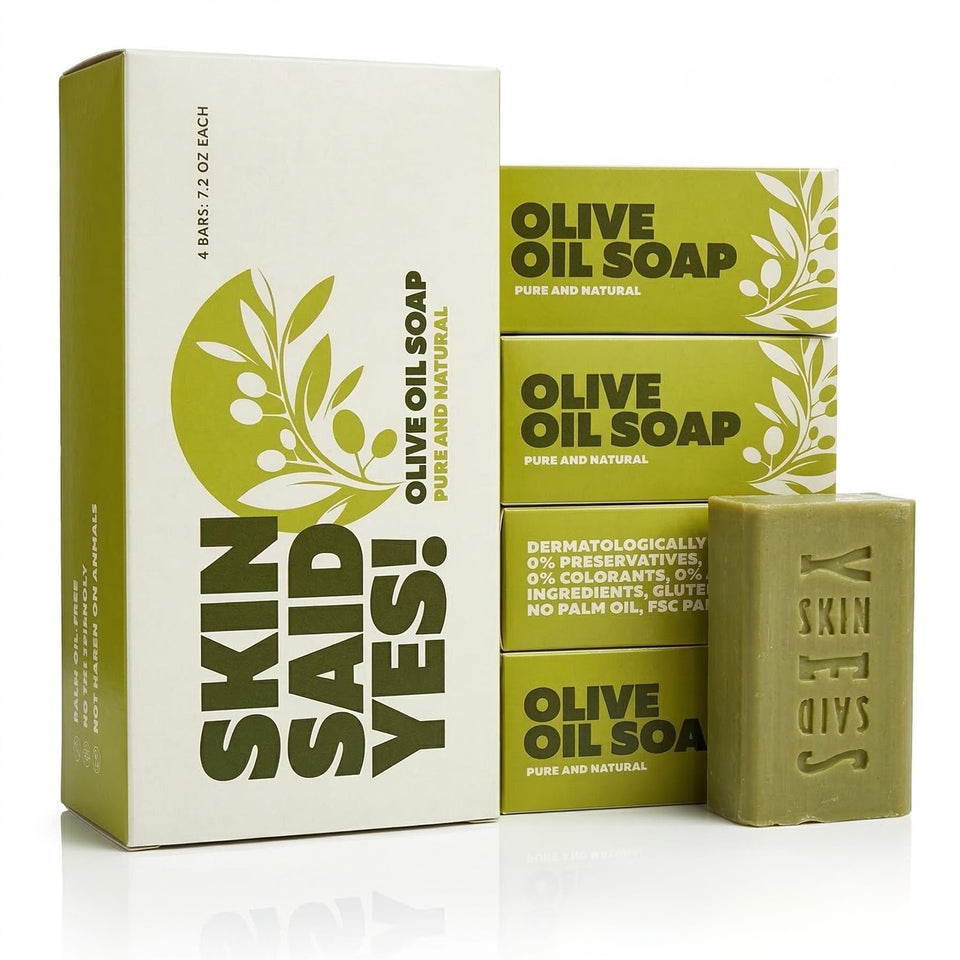 Skin Said Yes front packaging showing four large olive oil soap bars and natural look