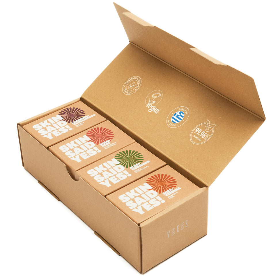 Skin Said Yes front packaging showing eight organic soap bars and product benefits