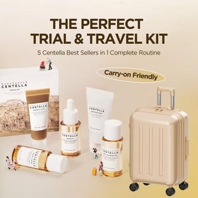 SKIN1004 travel kit placed inside luggage demonstrating travel convenience