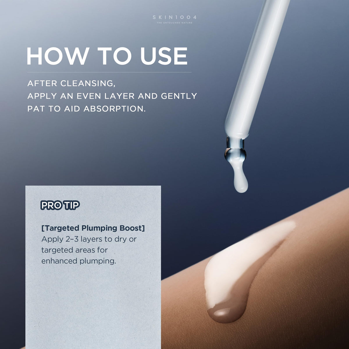 SKIN1004 patting ampoule onto cheek, improves absorption and targeted plumping