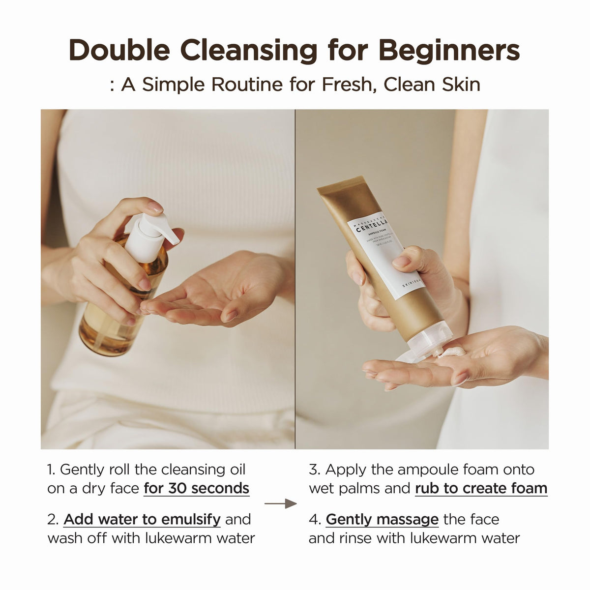 SKIN1004 lifestyle bathroom routine scene with duo showing daily skincare ease