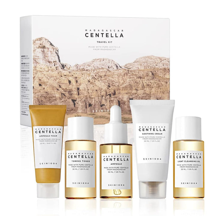 SKIN1004 front packaging showing five mini centella skincare items, travel convenience