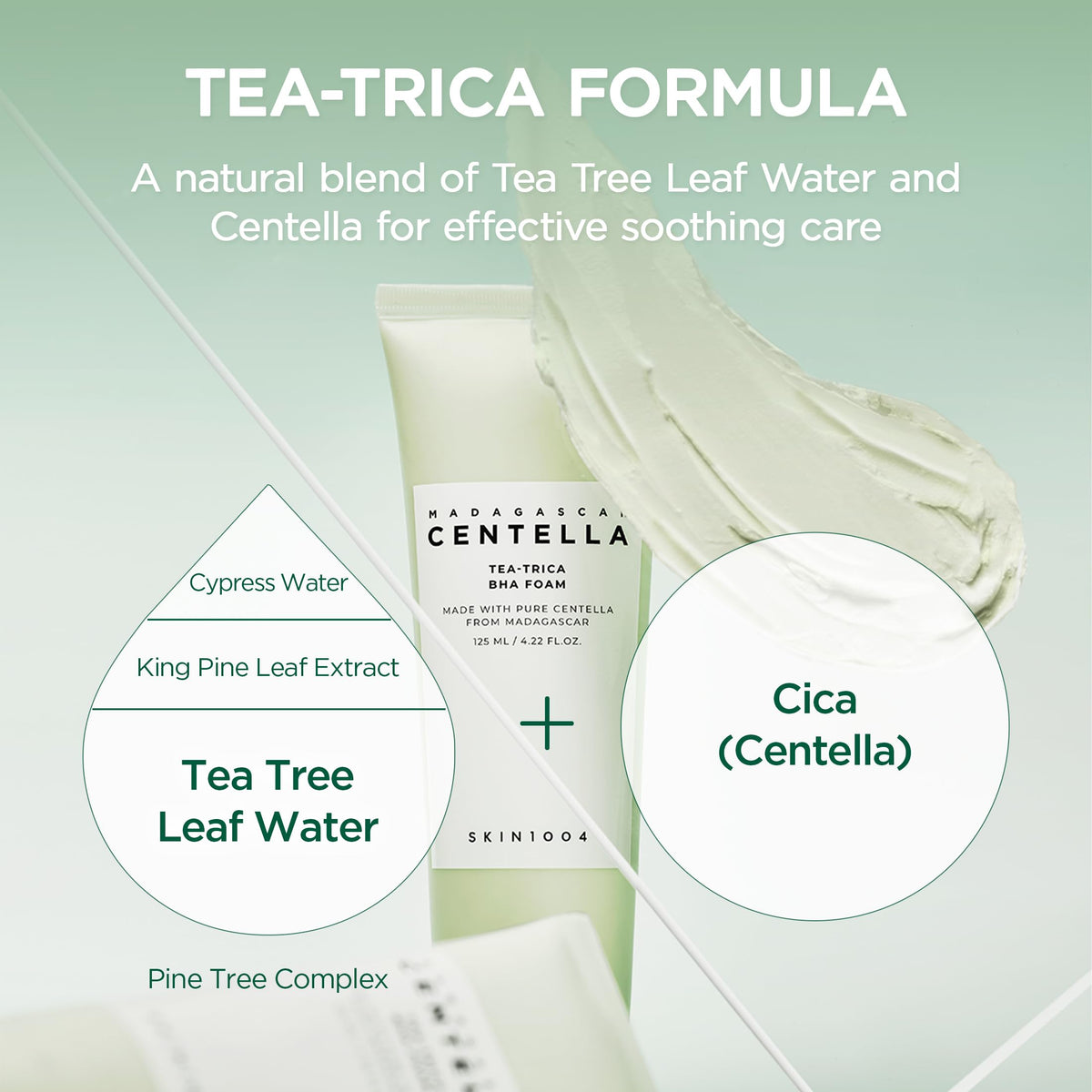 SKIN1004 label close-up highlighting Centella, BHA and botanical blend benefits