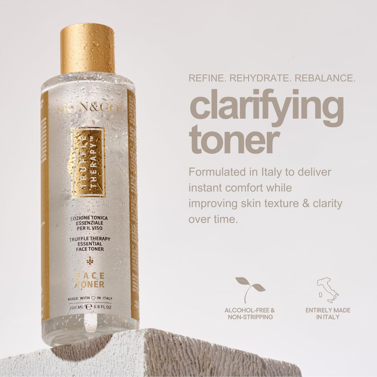 SKIN&CO Roma label close-up highlighting active ingredients and luxe design
