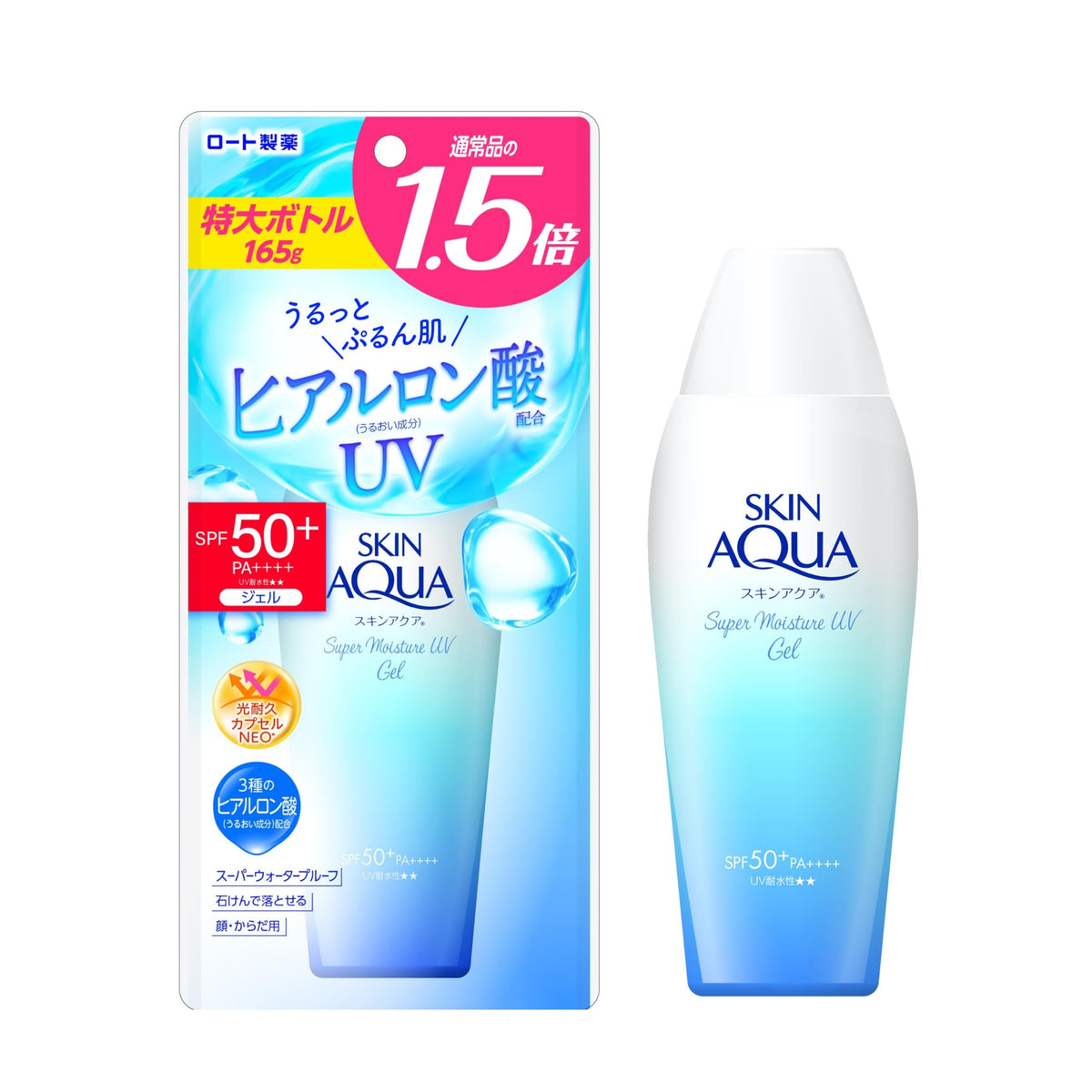 SKIN AQUA front packaging of 165g gel showing SPF50+ and moisturizing benefit