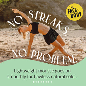 Skinerals foam dispensed on mitt to demonstrate easy, streak-free application