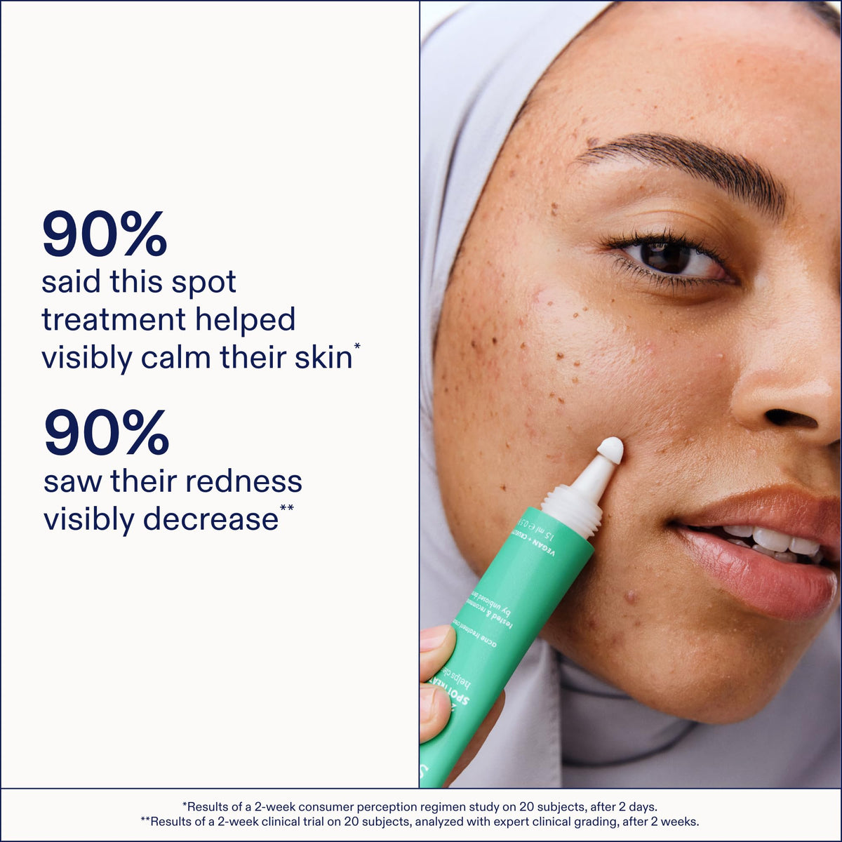 Skinfix spot application dot on cheek illustrating targeted blemish treatment benefit