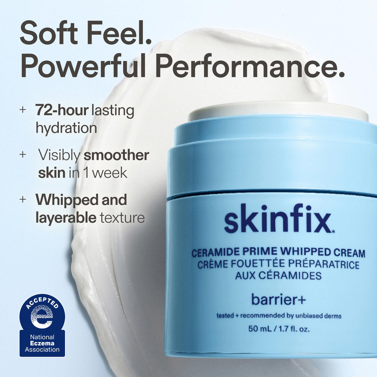 Skinfix open jar whipped texture close-up illustrating light, airy cream and easy absorption benefit