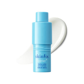 Skinfix front packaging showing refill pouch and clear labeling, promotes sustainability