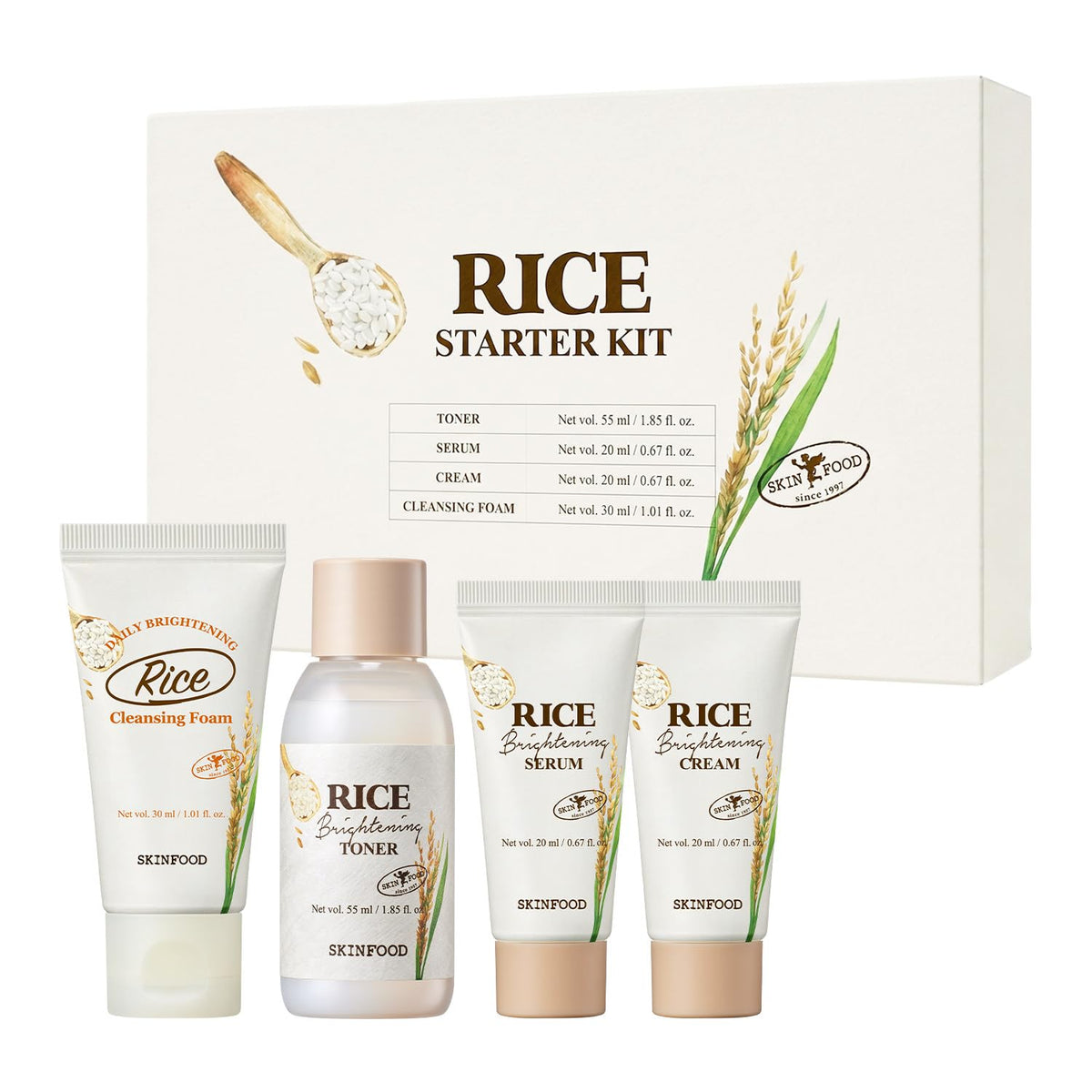 SKINFOOD 1957 rice starter kit flatlay showing all four travel products, convenient travel routine