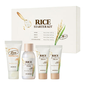 SKINFOOD 1957 rice starter kit flatlay showing all four travel products, convenient travel routine