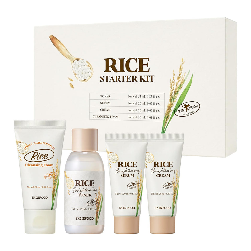SKINFOOD 1957 rice starter kit flatlay showing all four travel products, convenient travel routine