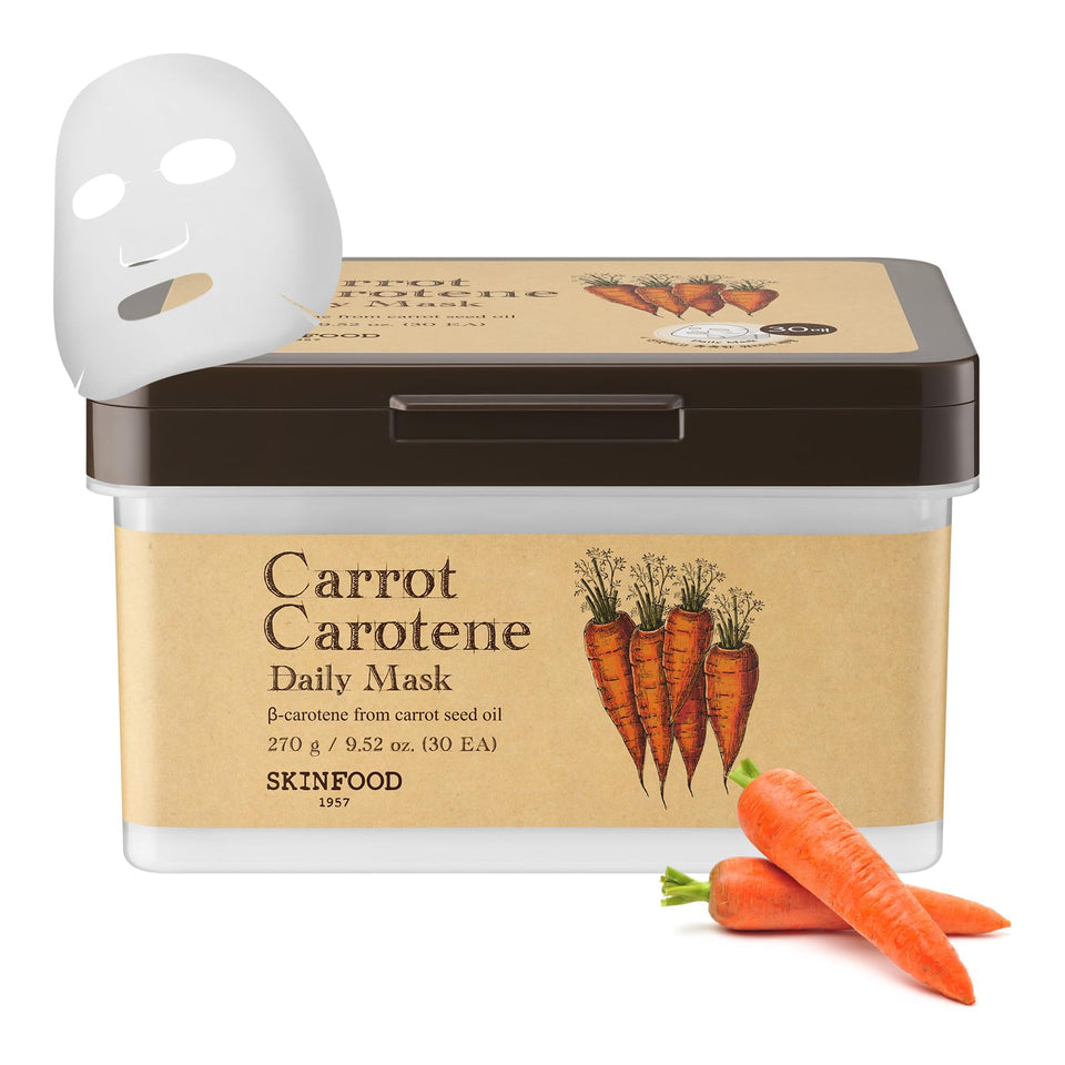 SKINFOOD front pack view showing carrot mask bulk box and quick use benefit