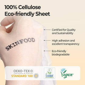 SKINFOOD model wearing mask demonstrating calming fit and quick relief