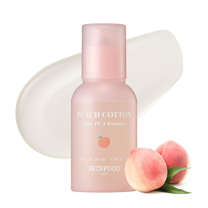 SKINFOOD bottle front view showing peach-inspired packaging and clear primer benefits
